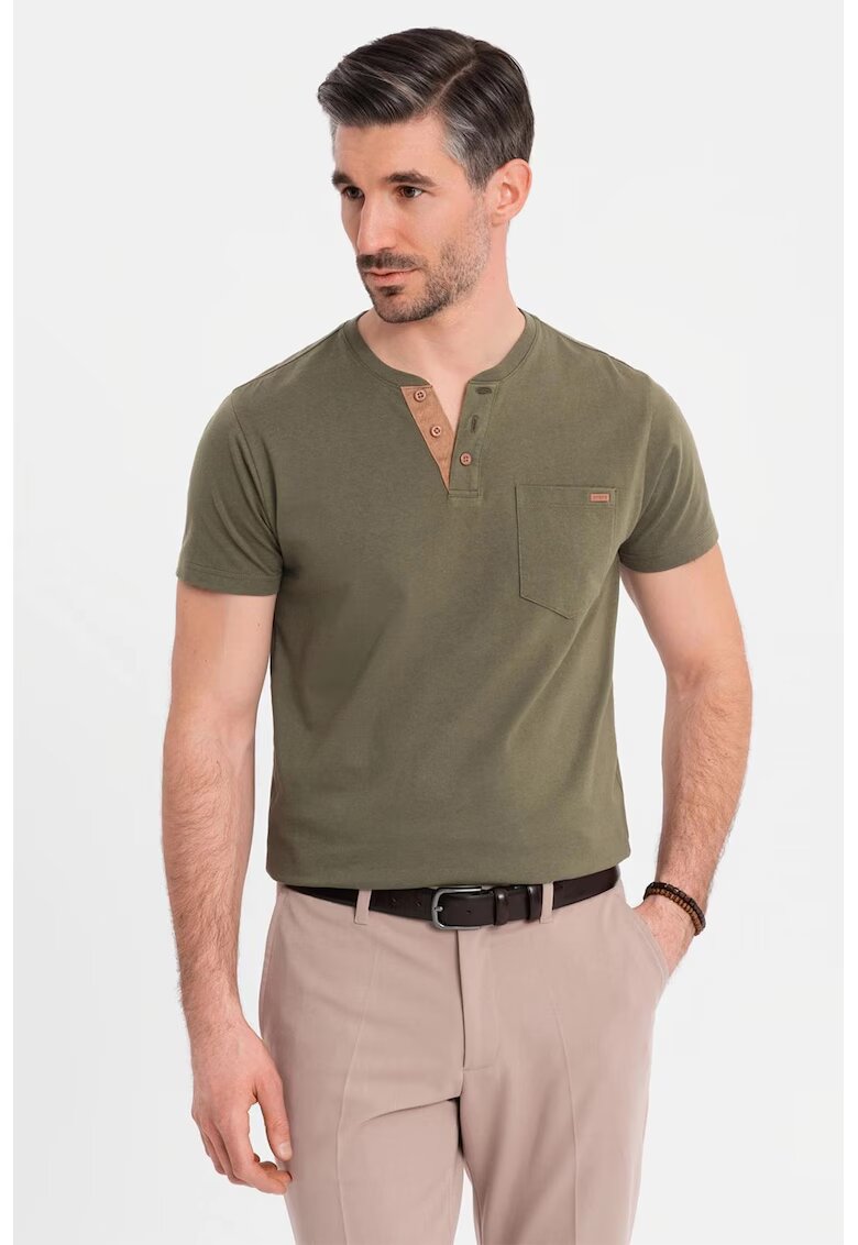OMBRE Tricou din bumbac cu fenta cu nasturi - Verde inchis