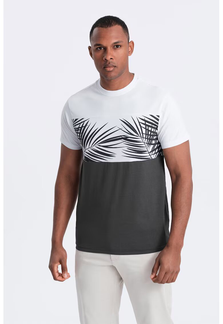 OMBRE Tricou din bumbac cu imprimeu tropical - Alb/Gri inchis
