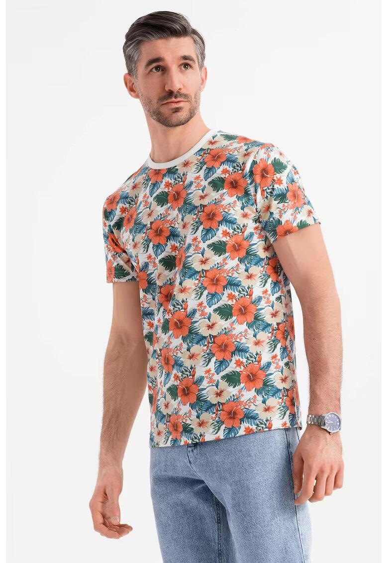 OMBRE Tricou din bumbac cu model floral - Alb/Verde/Portocaliu