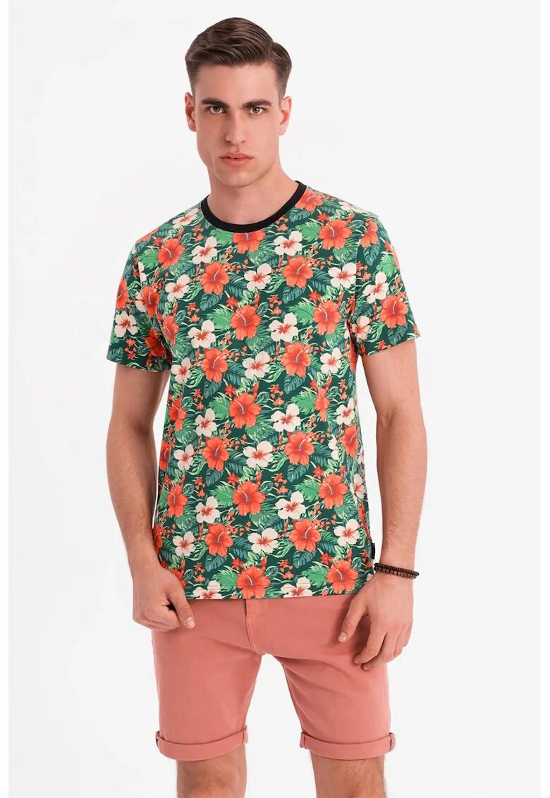 OMBRE Tricou din bumbac cu model floral - Verde/Negru/Portocaliu