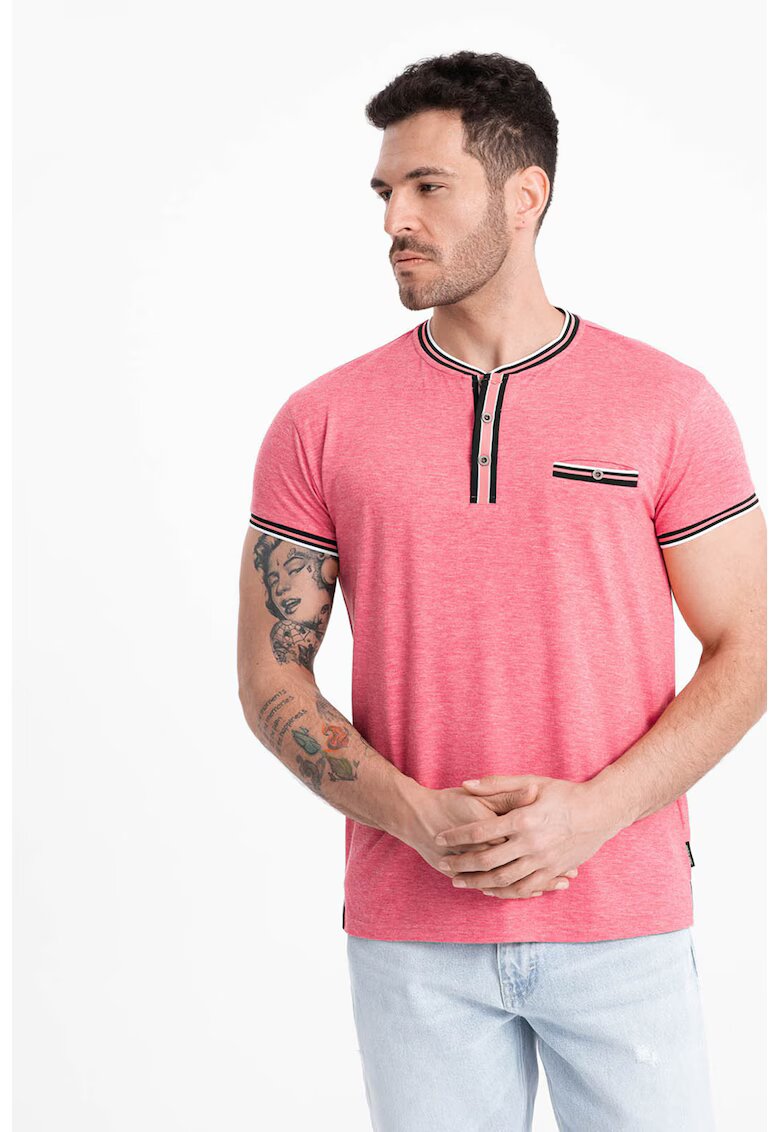 OMBRE Tricou Henley cu accente in dungi - Negru/Fucsia