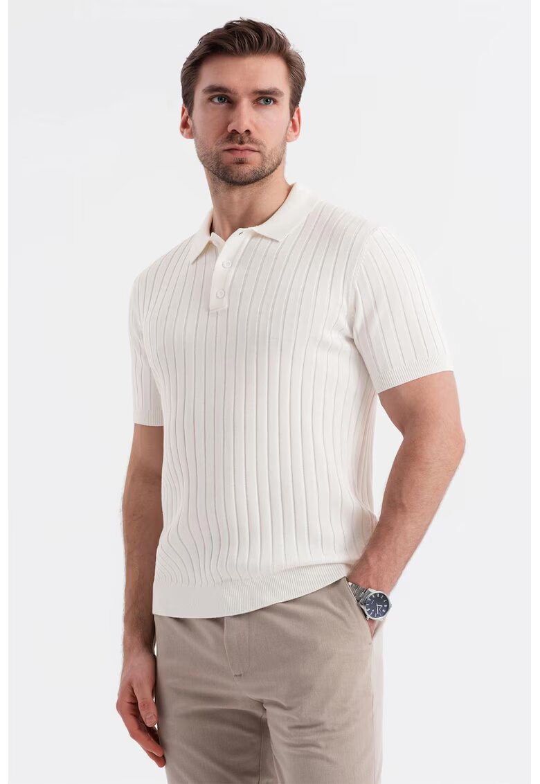 OMBRE Tricou polo cu aspect striat - Alb murdar