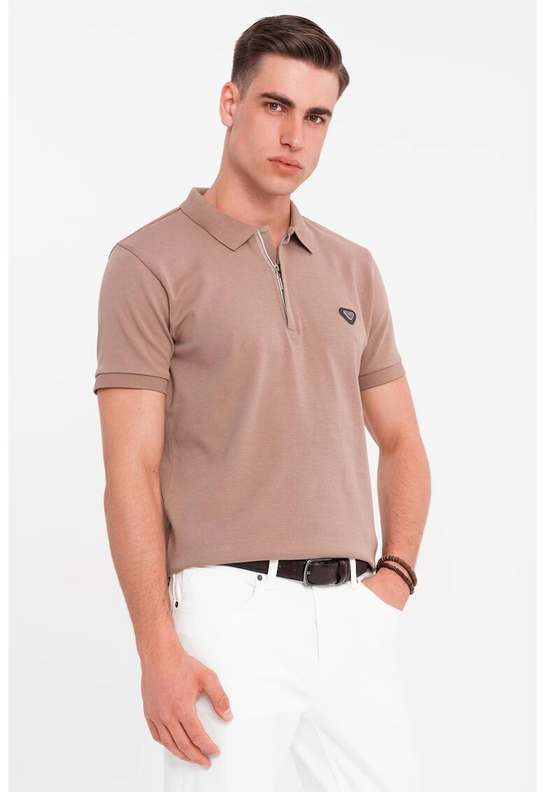 OMBRE Tricou polo cu fenta cu fermoar - Maro inchis