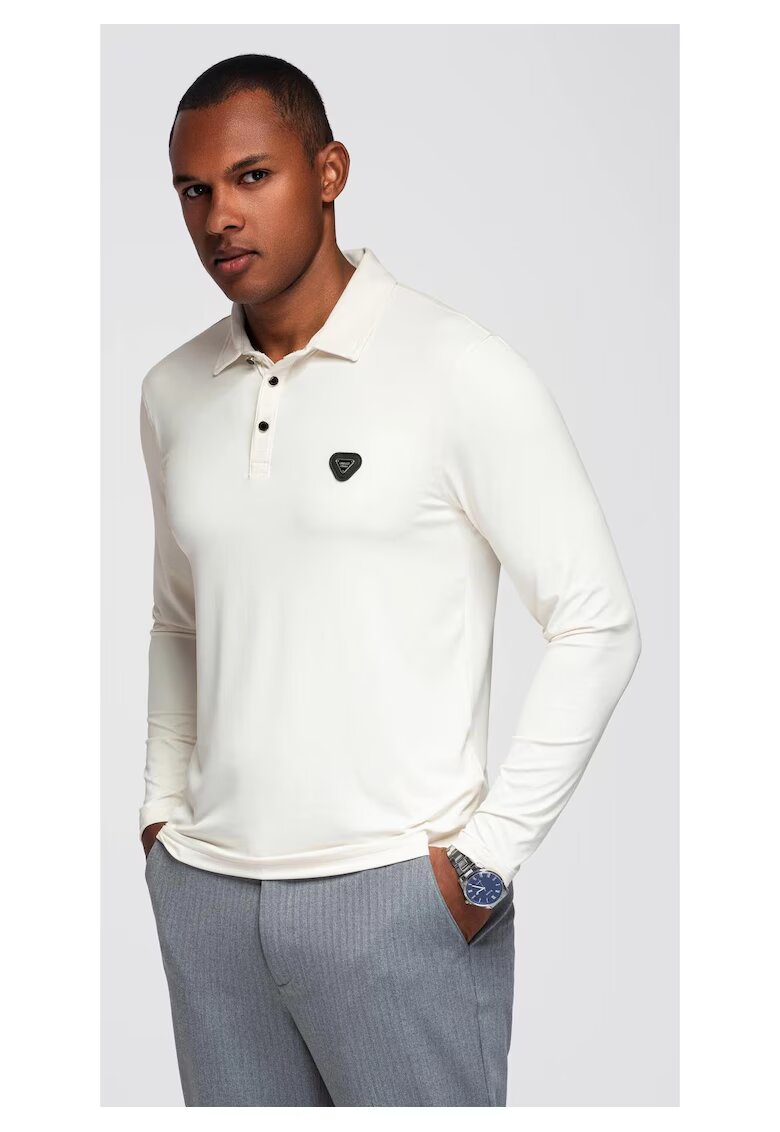 OMBRE Tricou polo cu maneci lungi cu nasturi eleganti cu logo-ul marcii OM-POLS-0139 - Alb murdar