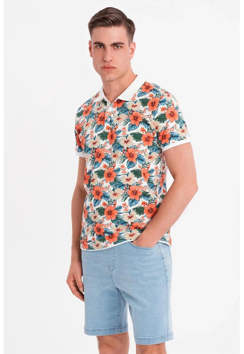 OMBRE Tricou polo cu model floral - Alb/Portocaliu/Albastru