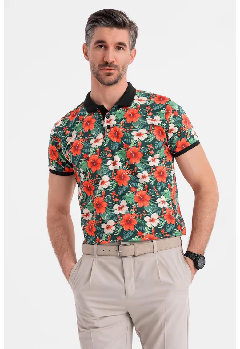 OMBRE Tricou polo cu model floral - Verde/Negru/Portocaliu mandarina
