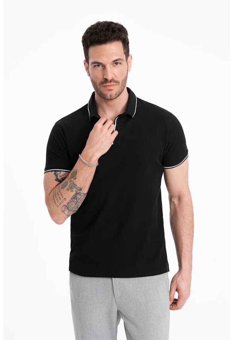 OMBRE Tricou polo cu vipusca contrastanta - Negru