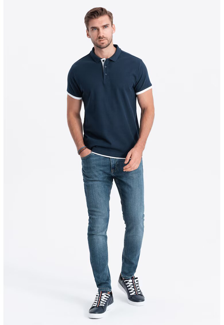 OMBRE Tricou polo din bumbac pique - Bleumarin