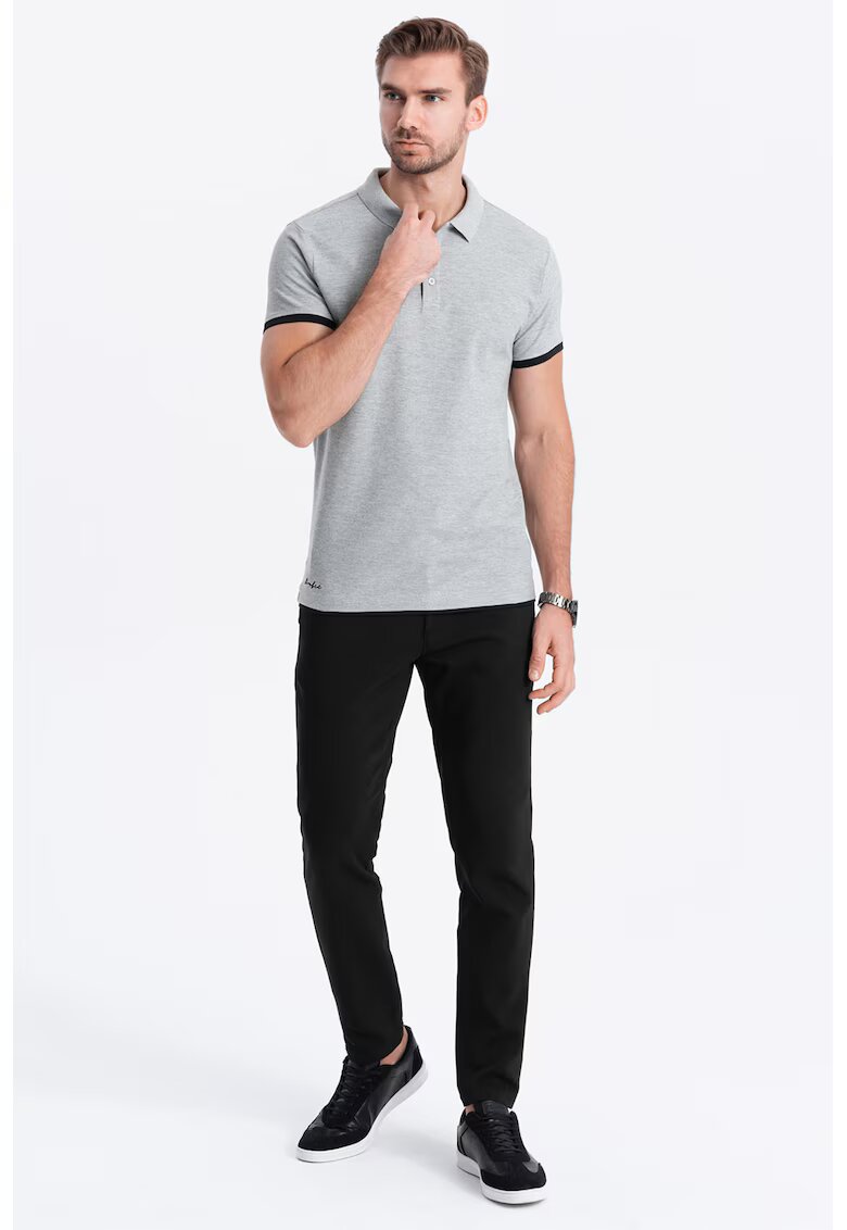 OMBRE Tricou polo din bumbac pique - Gri deschis melange