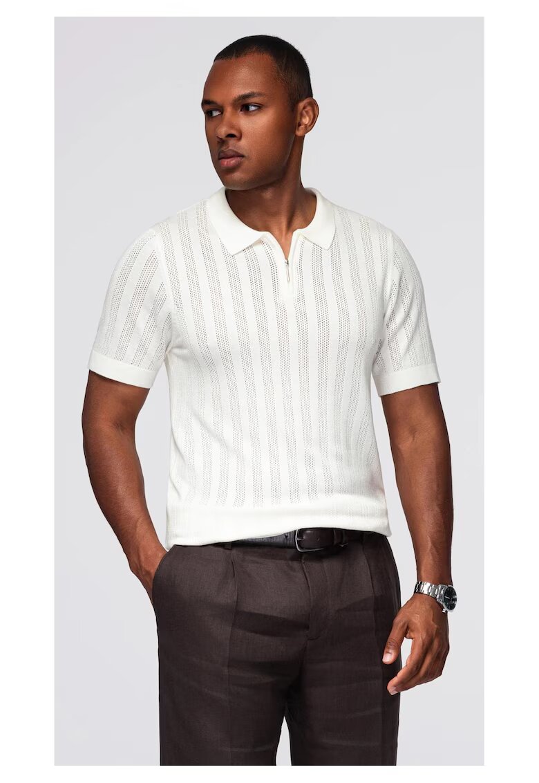 OMBRE Tricou polo din viscoza cu fermoar OM-POSS-0158 - Alb