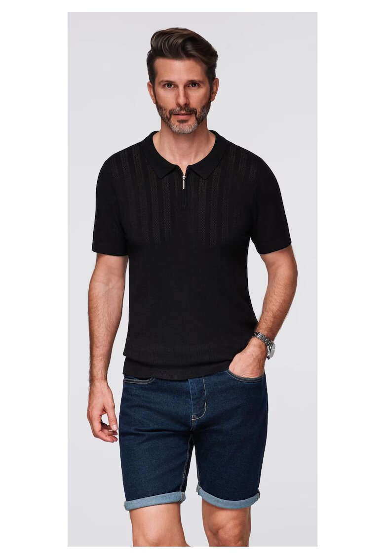 OMBRE Tricou polo din viscoza cu fermoar OM-POSS-0158 - Negru