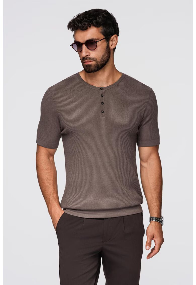 OMBRE Tricou slim fit cu striatii si decolteu henley