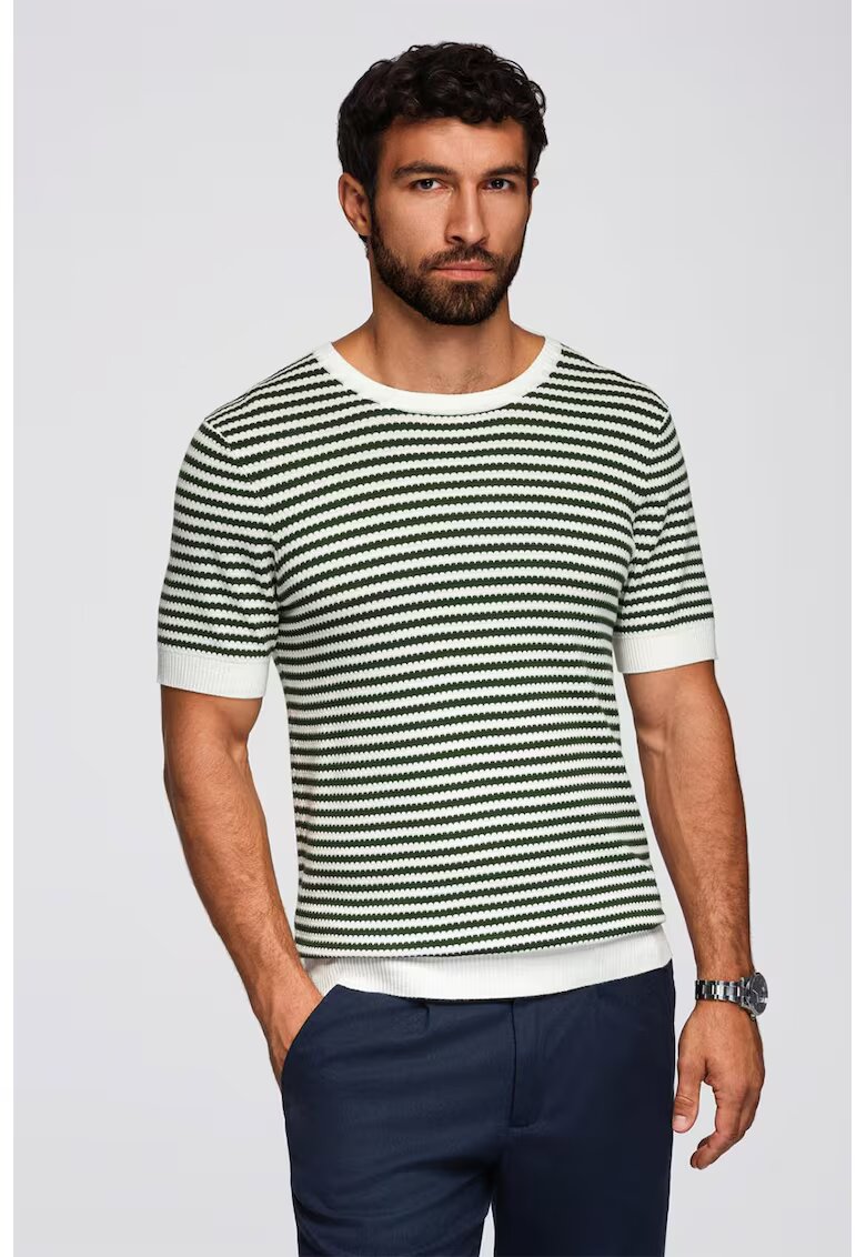 OMBRE Tricou tricotat cu decolteu la baza gatului - Alb/Verde englez