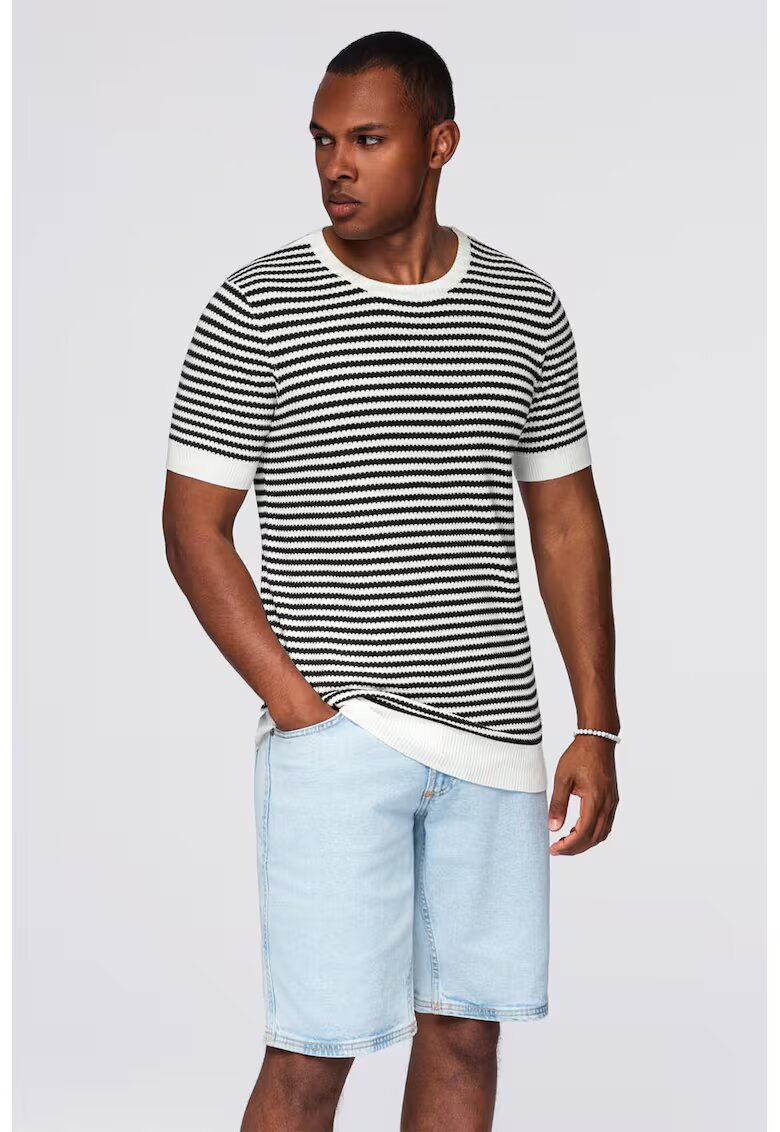 OMBRE Tricou tricotat fin cu dungi - Alb/Negru