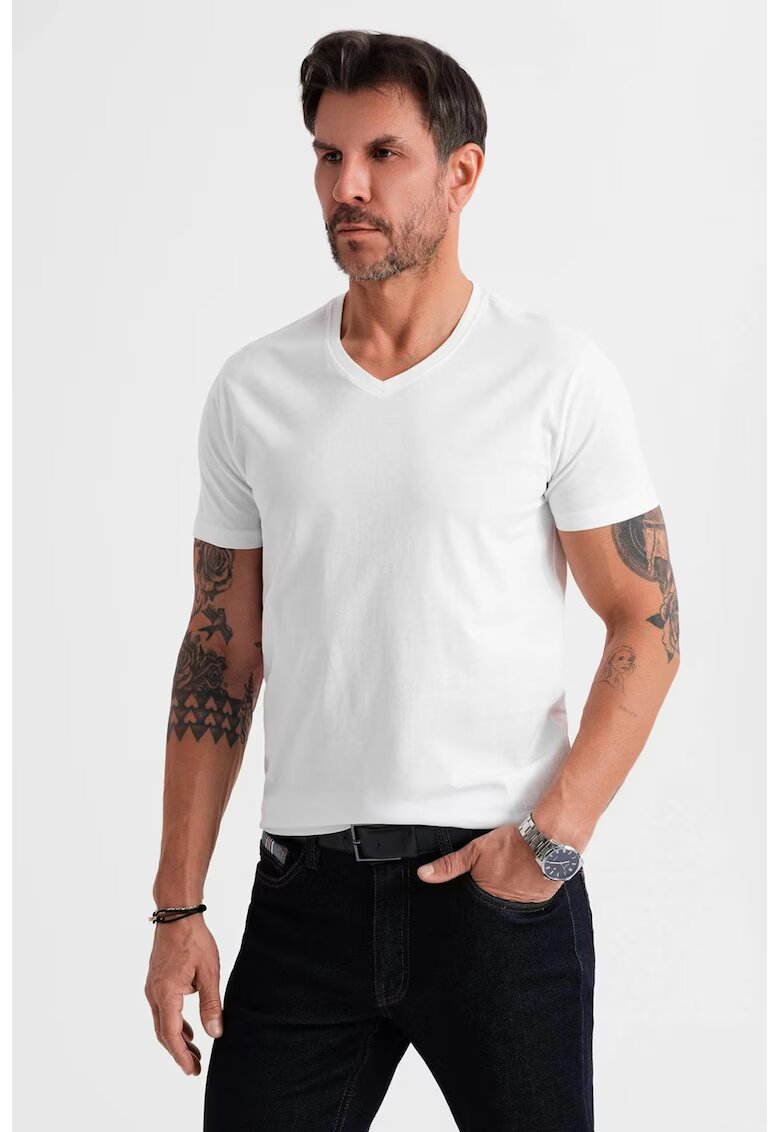 OMBRE Tricou uni cu decolteu in V - Alb optic