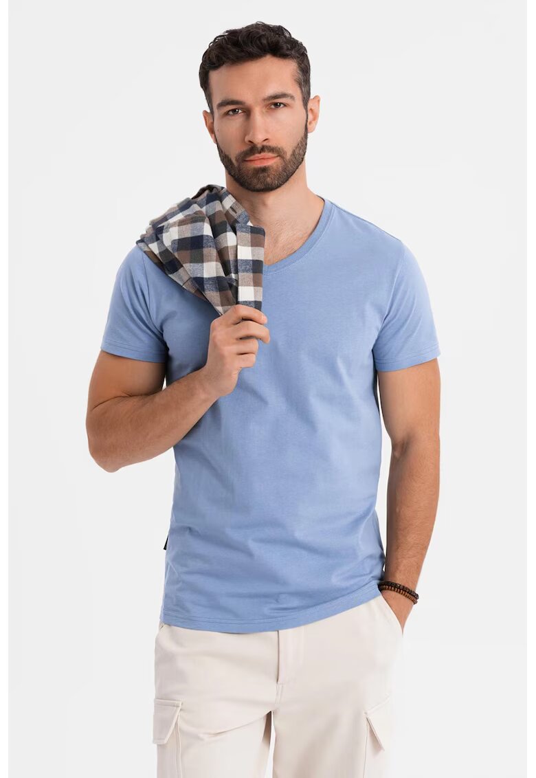 OMBRE Tricou uni cu decolteu in V - Albastru deschis