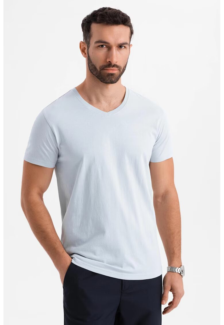 OMBRE Tricou uni cu decolteu in V - Albastru glaciar