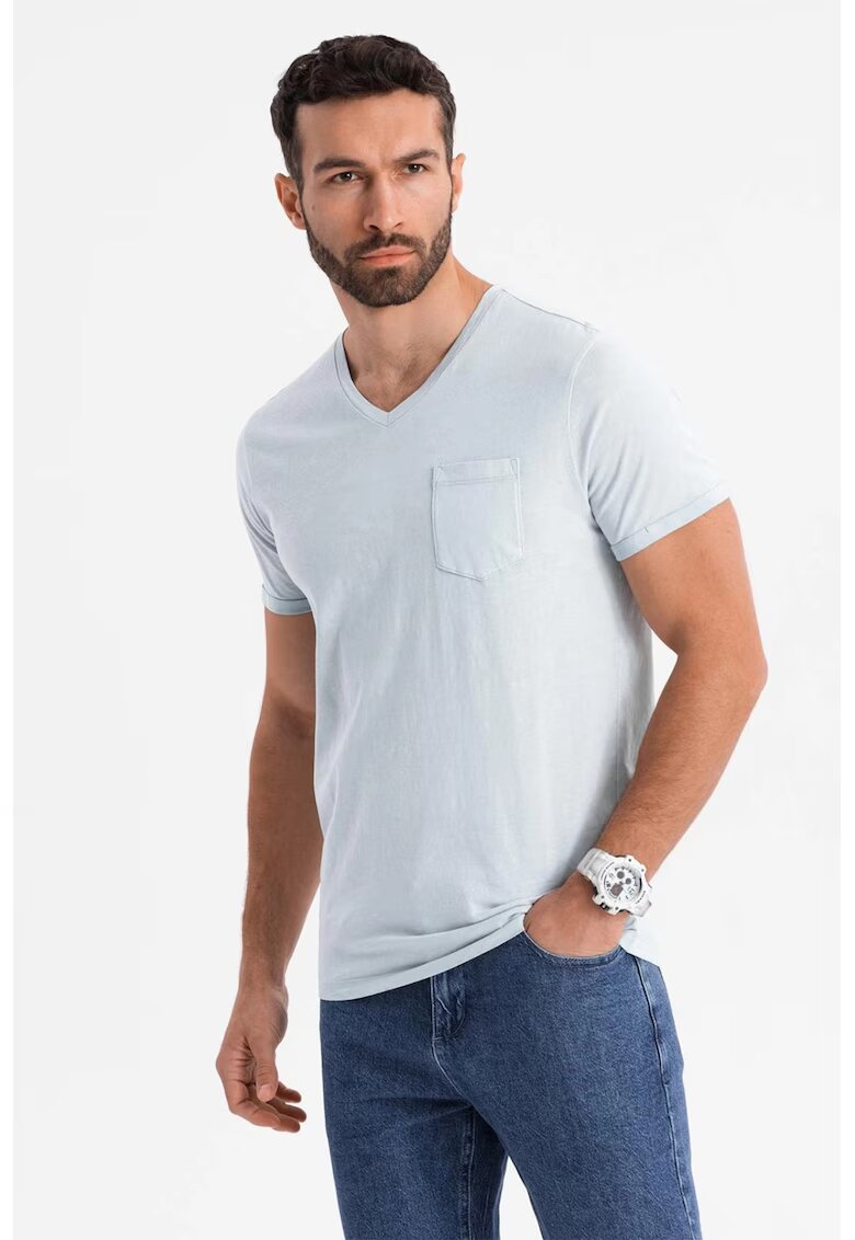 OMBRE Tricou uni cu decolteu in V - Albastru glaciar