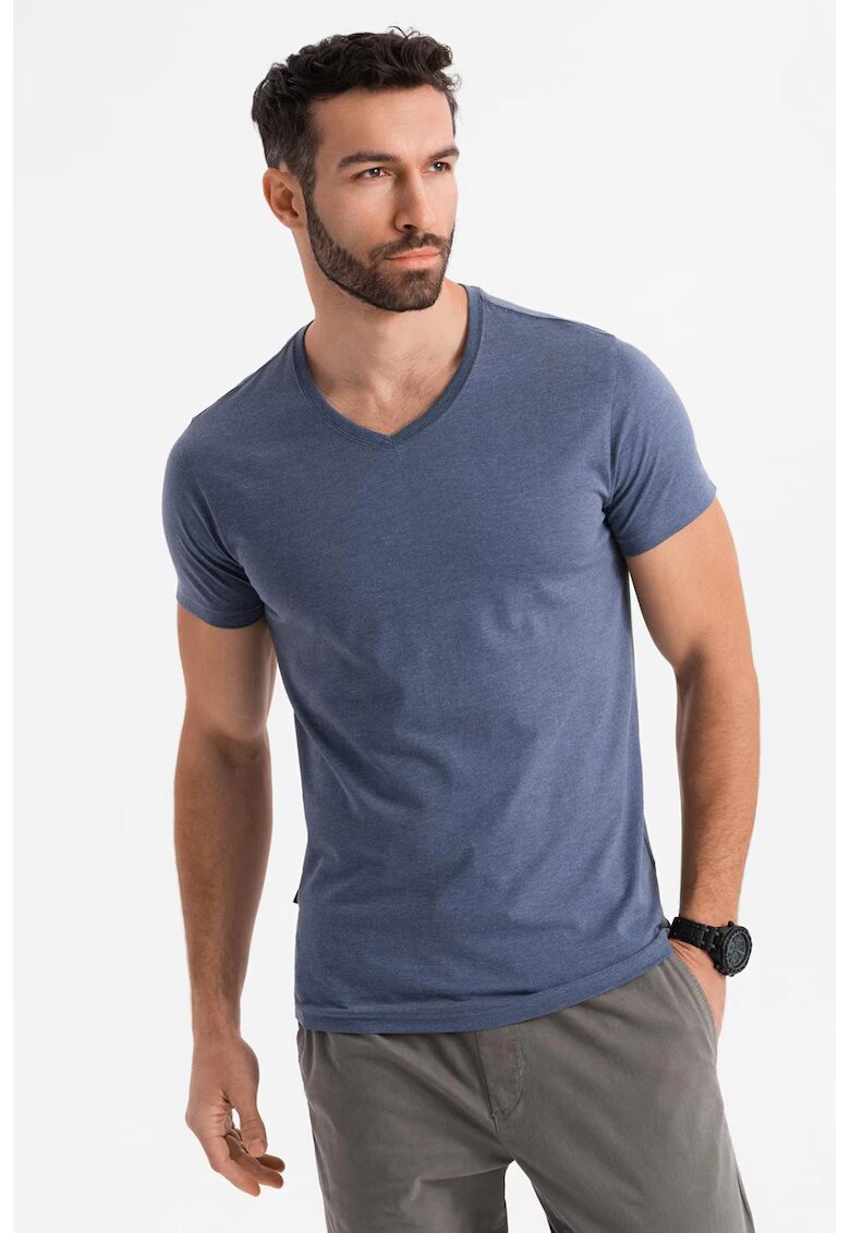 OMBRE Tricou uni cu decolteu in V - Albastru melange