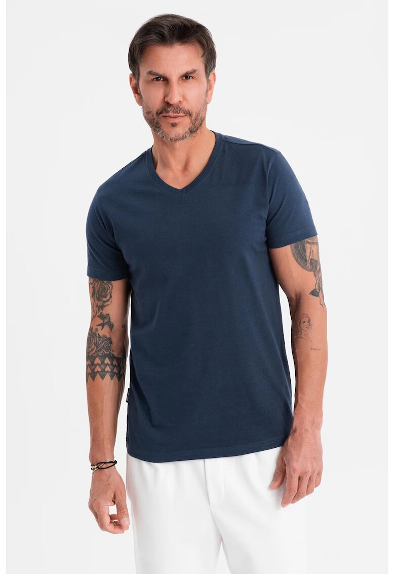 OMBRE Tricou uni cu decolteu in V - Albastru ultramarin