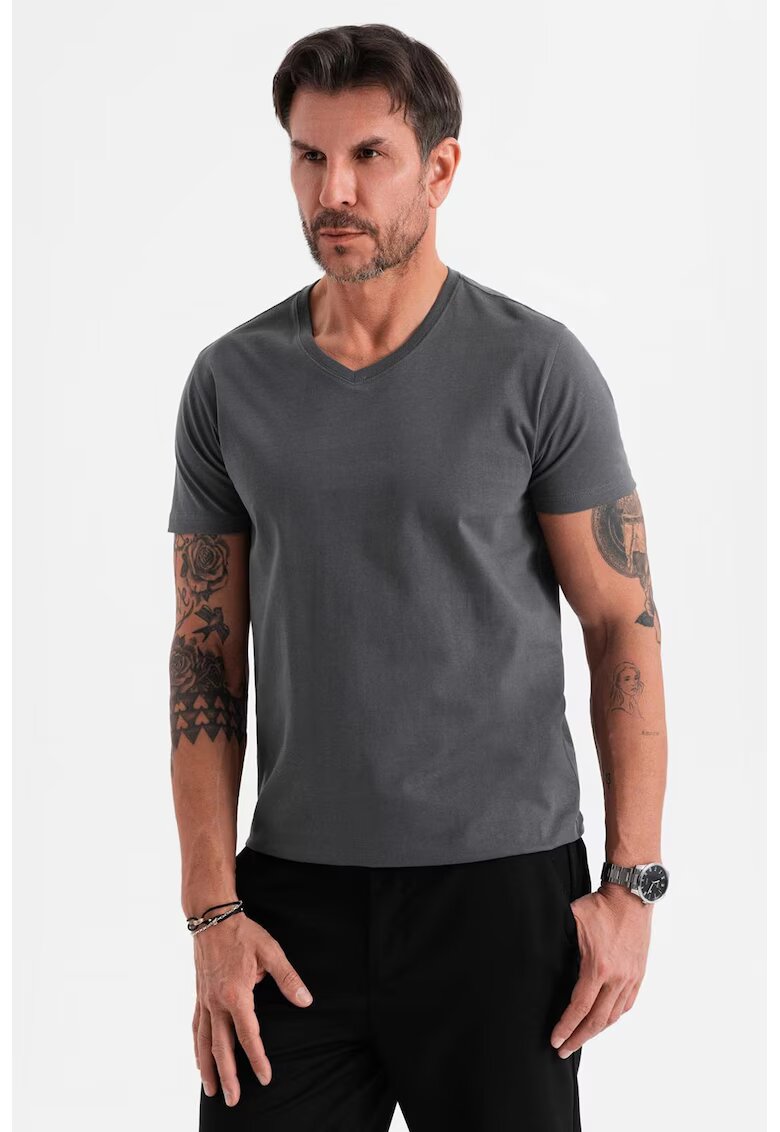 OMBRE Tricou uni cu decolteu in V - Gri inchis