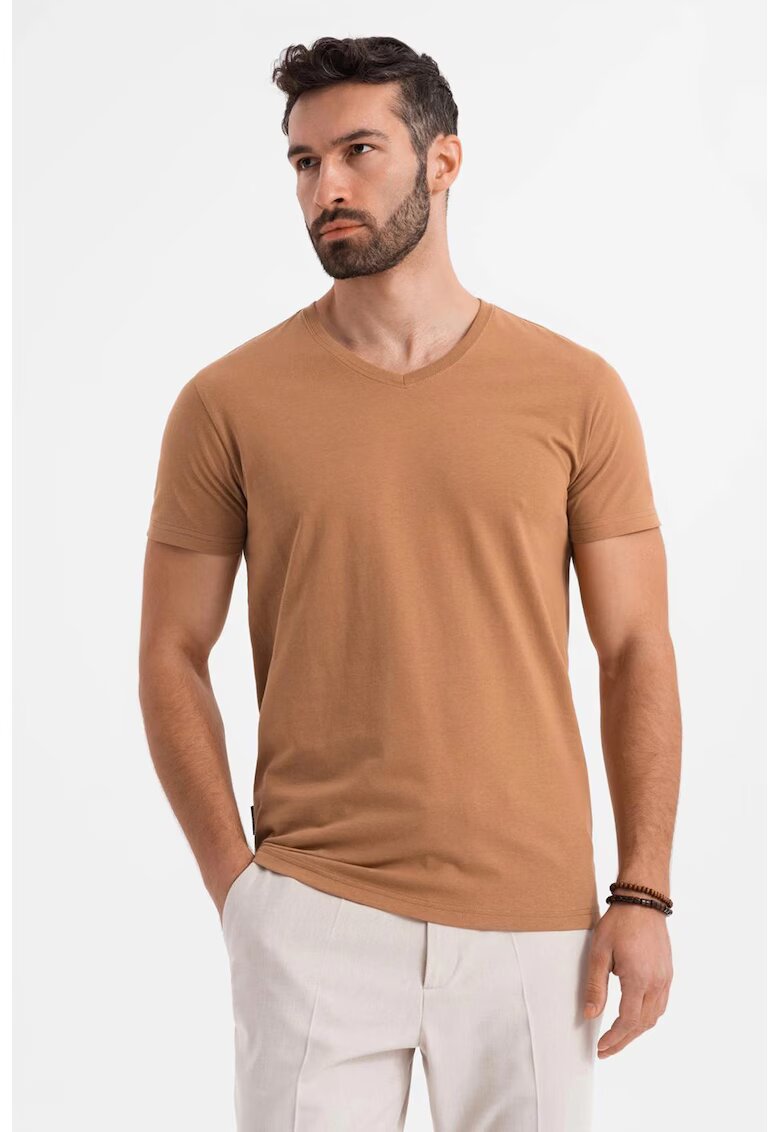 OMBRE Tricou uni cu decolteu in V - Maro deschis