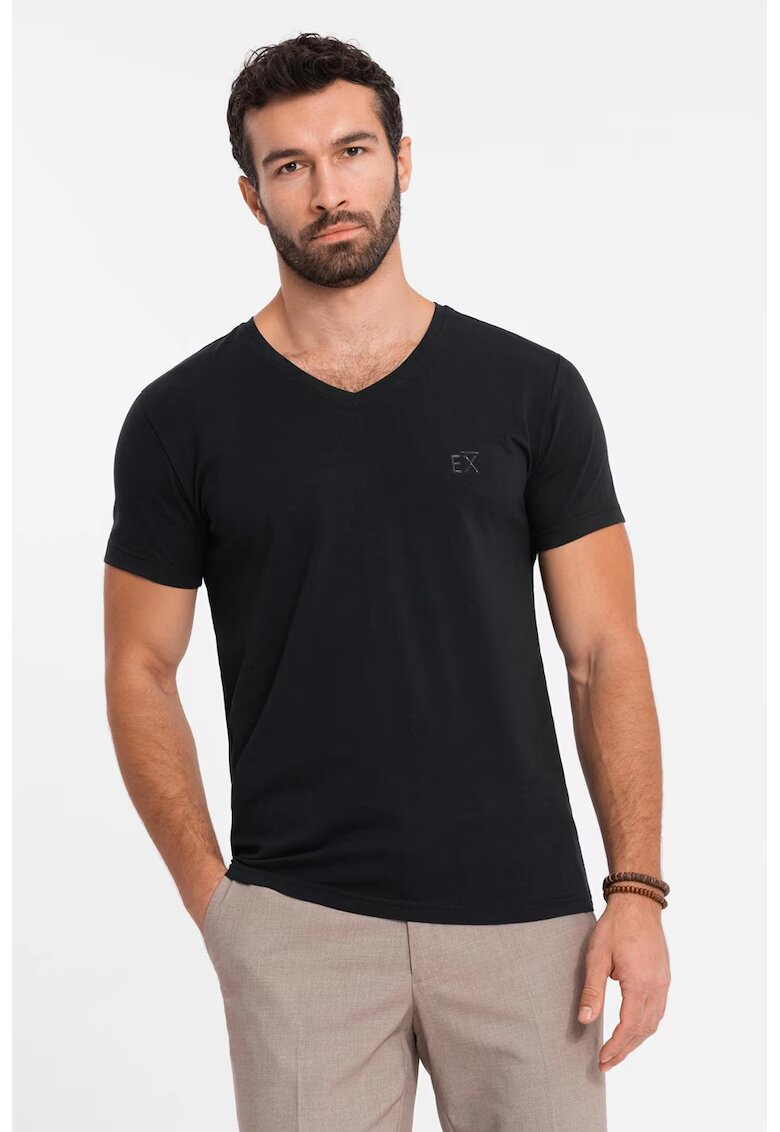 OMBRE Tricou uni cu decolteu in V - Negru