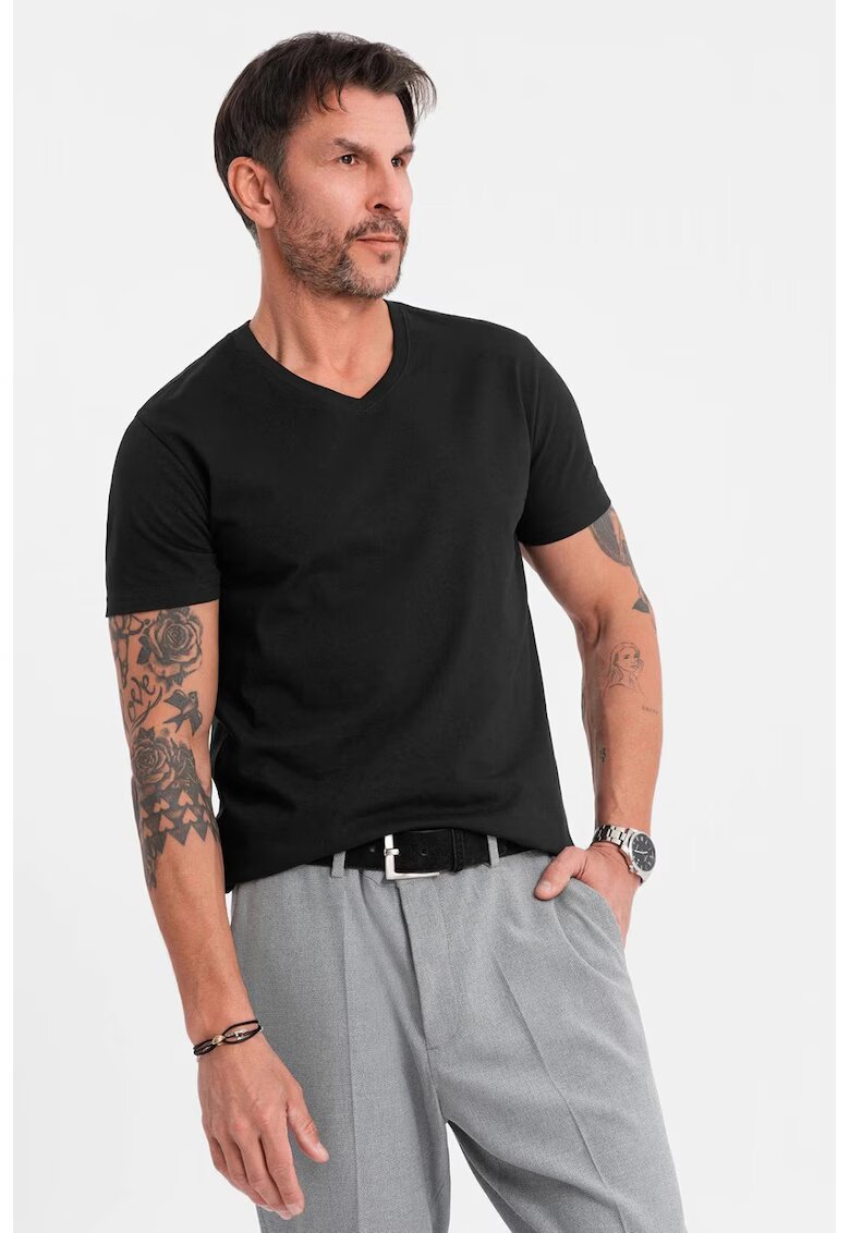 OMBRE Tricou uni cu decolteu in V - Negru