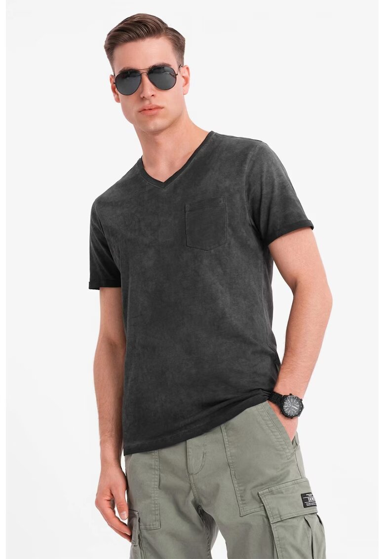 OMBRE Tricou uni cu decolteu in V - Negru stins