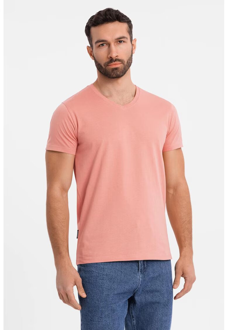 OMBRE Tricou uni cu decolteu in V - Roz somon