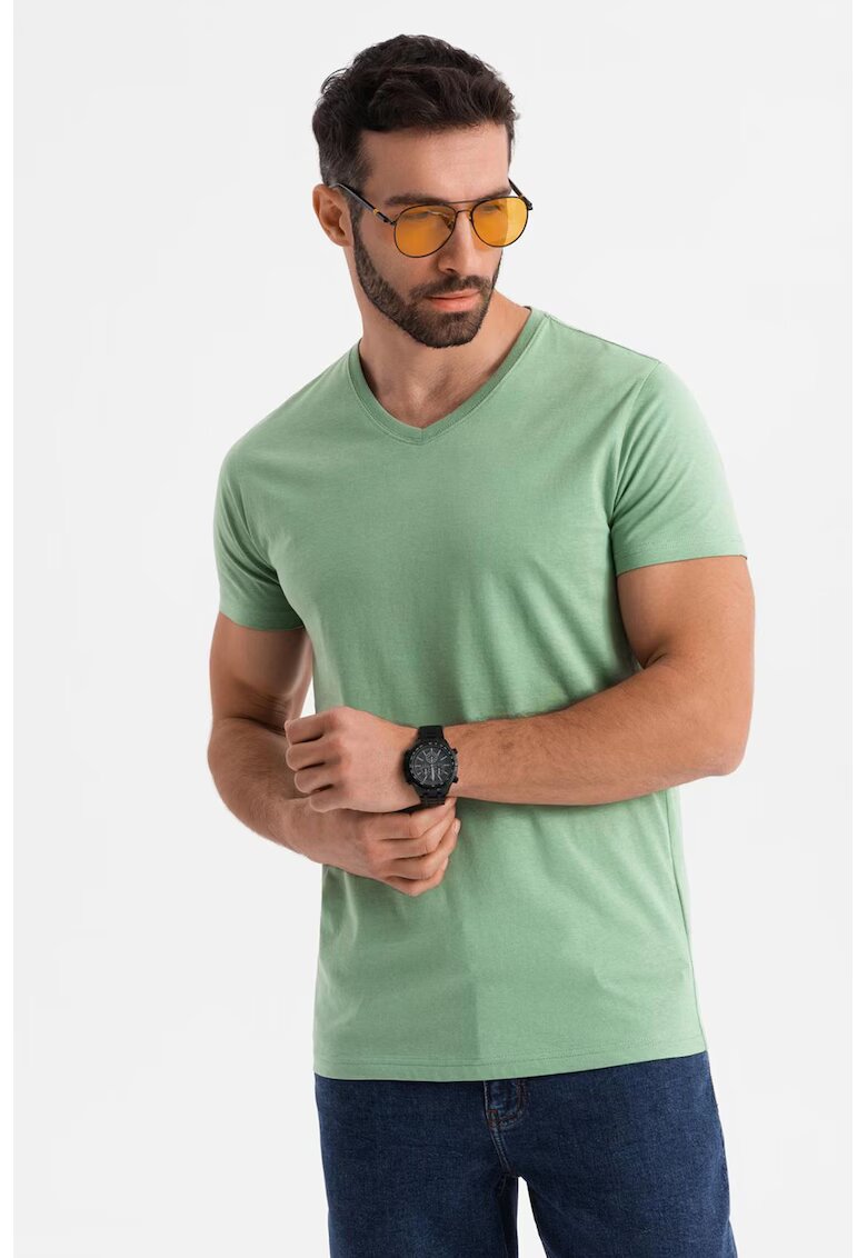 OMBRE Tricou uni cu decolteu in V - Verde deschis