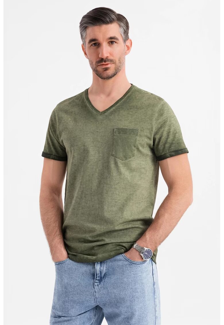OMBRE Tricou uni cu decolteu in V - Verde feriga