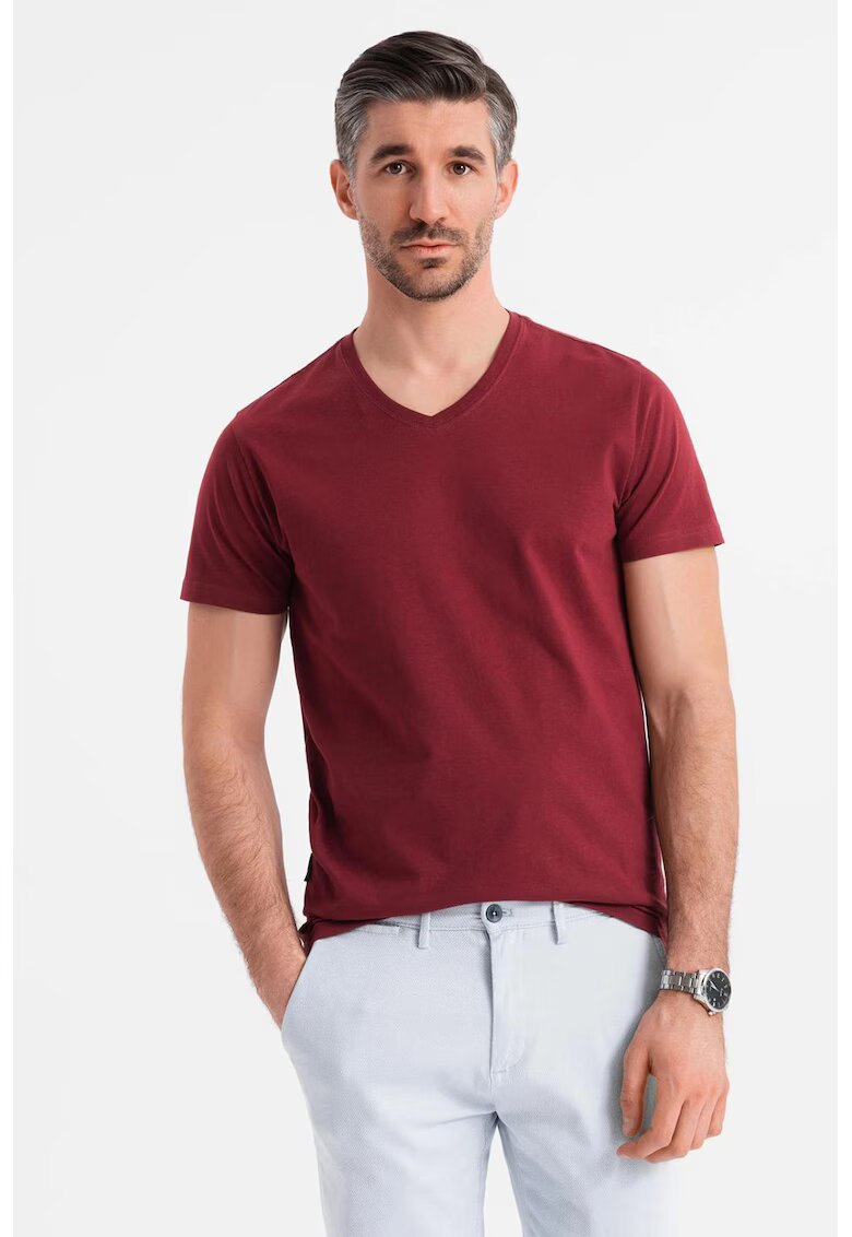 OMBRE Tricou uni cu decolteu in V - Visiniu