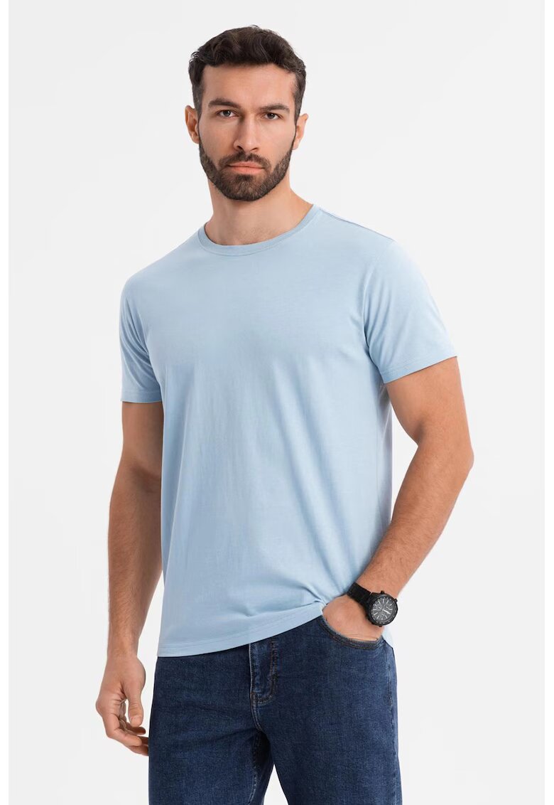 OMBRE Tricou uni cu decolteu la baza gatului - Albastru glaciar/Albastru deschis