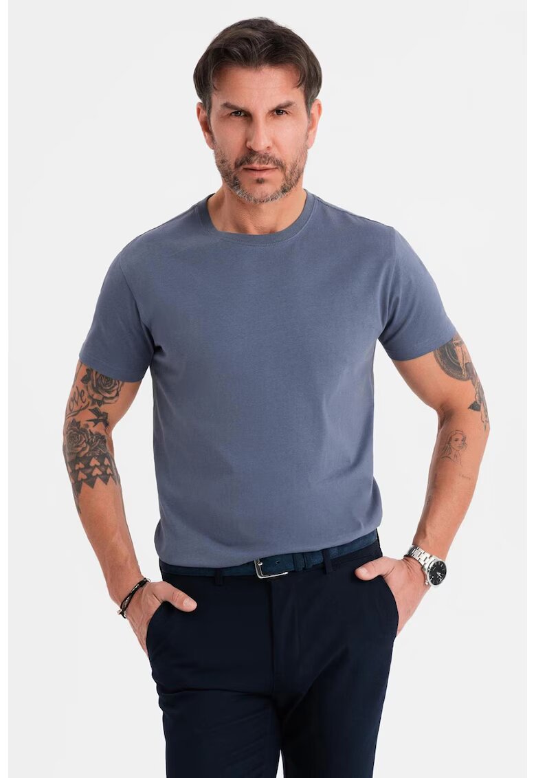 OMBRE Tricou uni cu decolteu la baza gatului - Albastru inchis