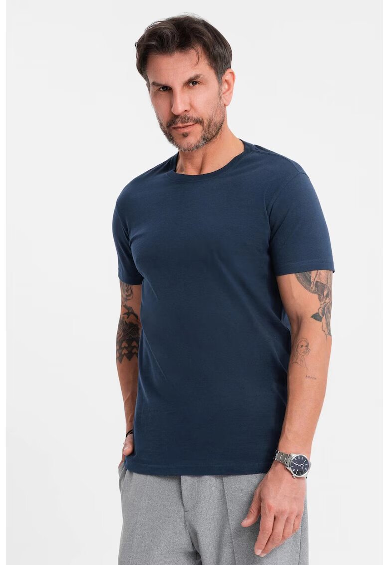 OMBRE Tricou uni cu decolteu la baza gatului - Bleumarin