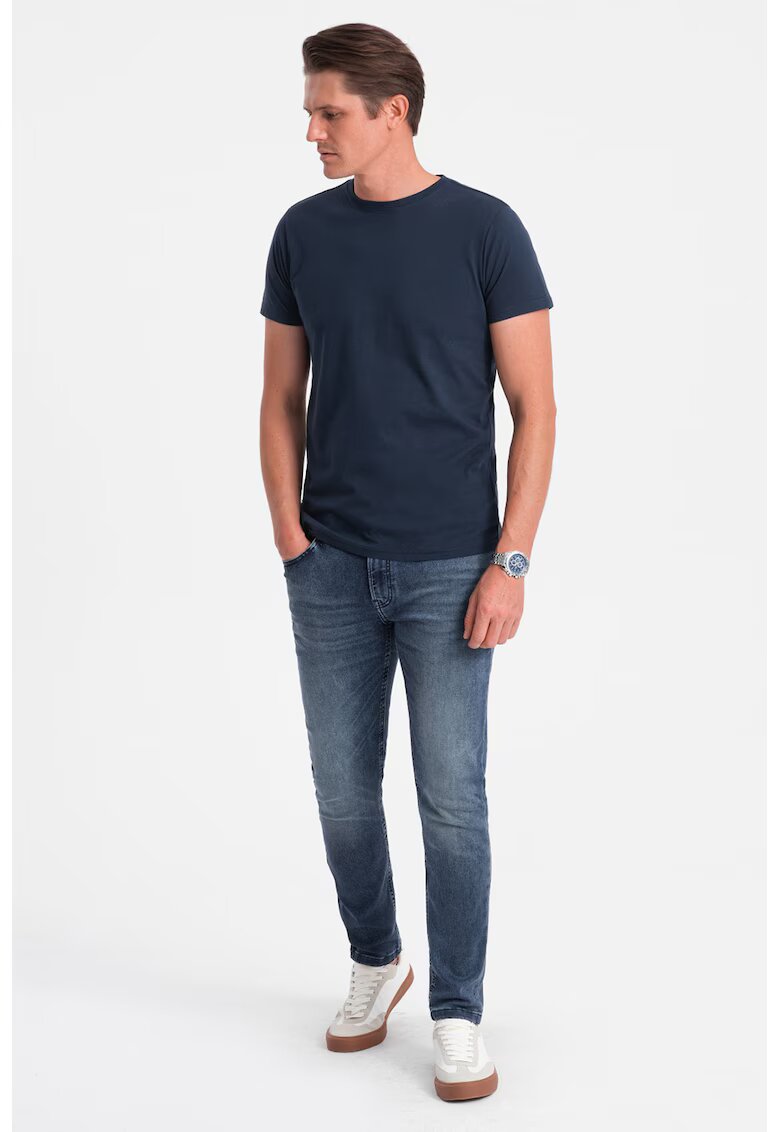 OMBRE Tricou uni cu decolteu la baza gatului - Bleumarin