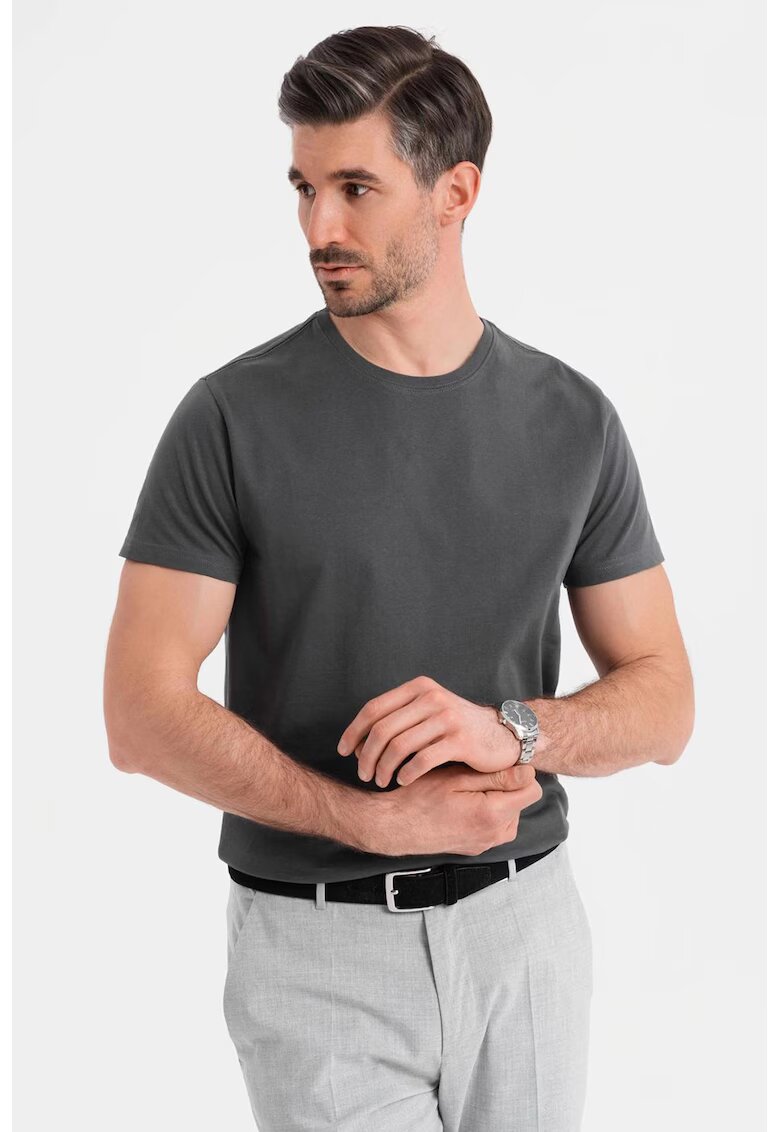 OMBRE Tricou uni cu decolteu la baza gatului - Gri inchis