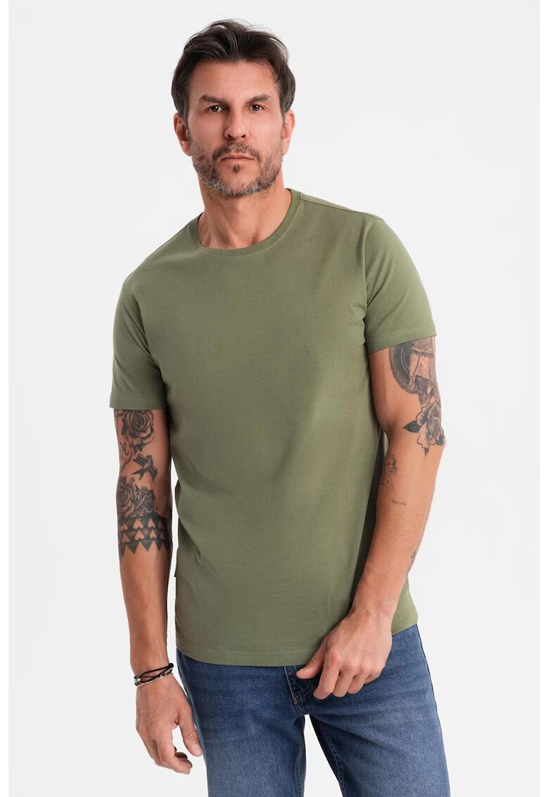 OMBRE Tricou uni cu decolteu la baza gatului - Kaki