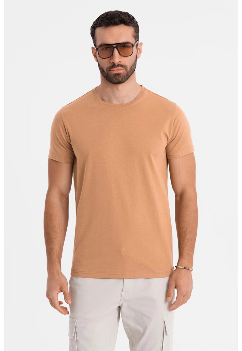 OMBRE Tricou uni cu decolteu la baza gatului - Maro nisip