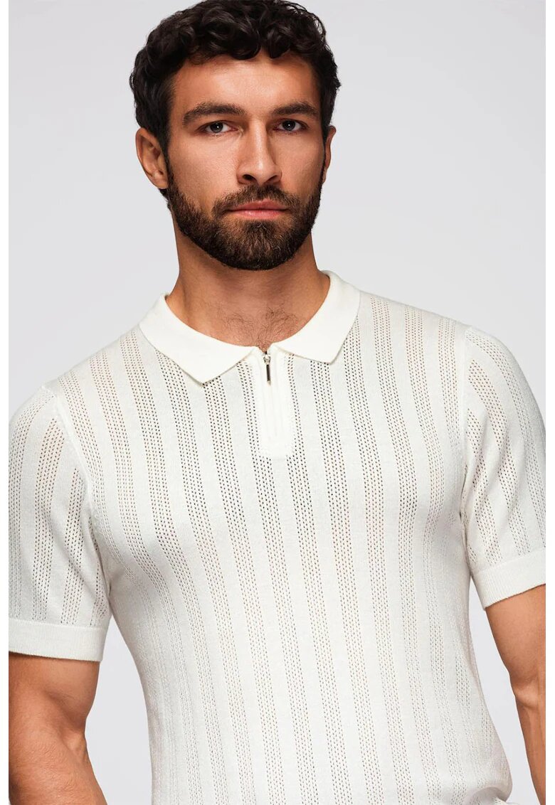 OMBRE Tricou uni cu fenat cu fermoar - Alb