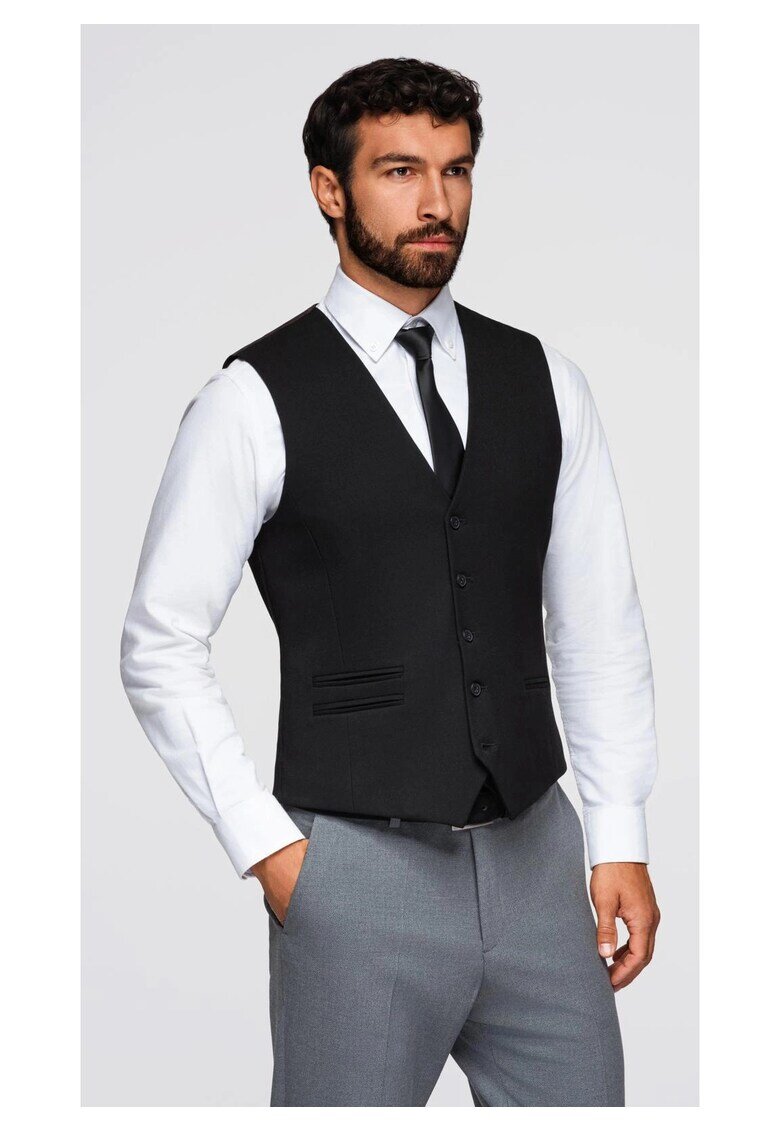 OMBRE Vesta de costum cu detalii clasice si captuseala OM-BLZV-0142 - Negru