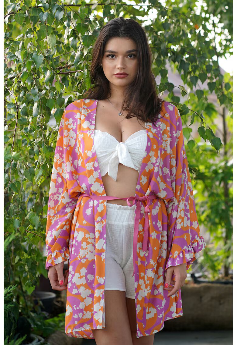 ONIBON FASHION Chimono cu model si maneci cazute - Alb/Portocaliu/Roz