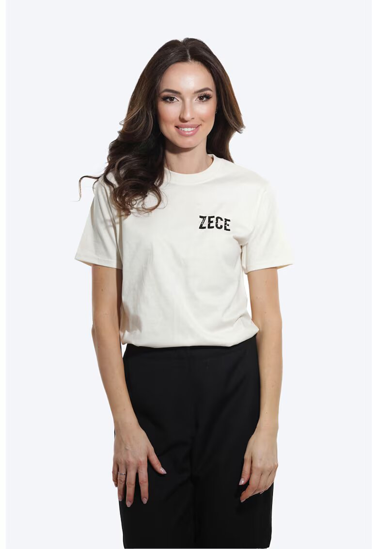 ONIBON FASHION Tricou de bumbac cu decolteu la baza gatului - Alb fildes