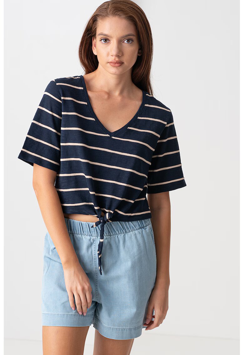 Only Bluza cu decolteu in V si model in dungi - Crem/Bleumarin