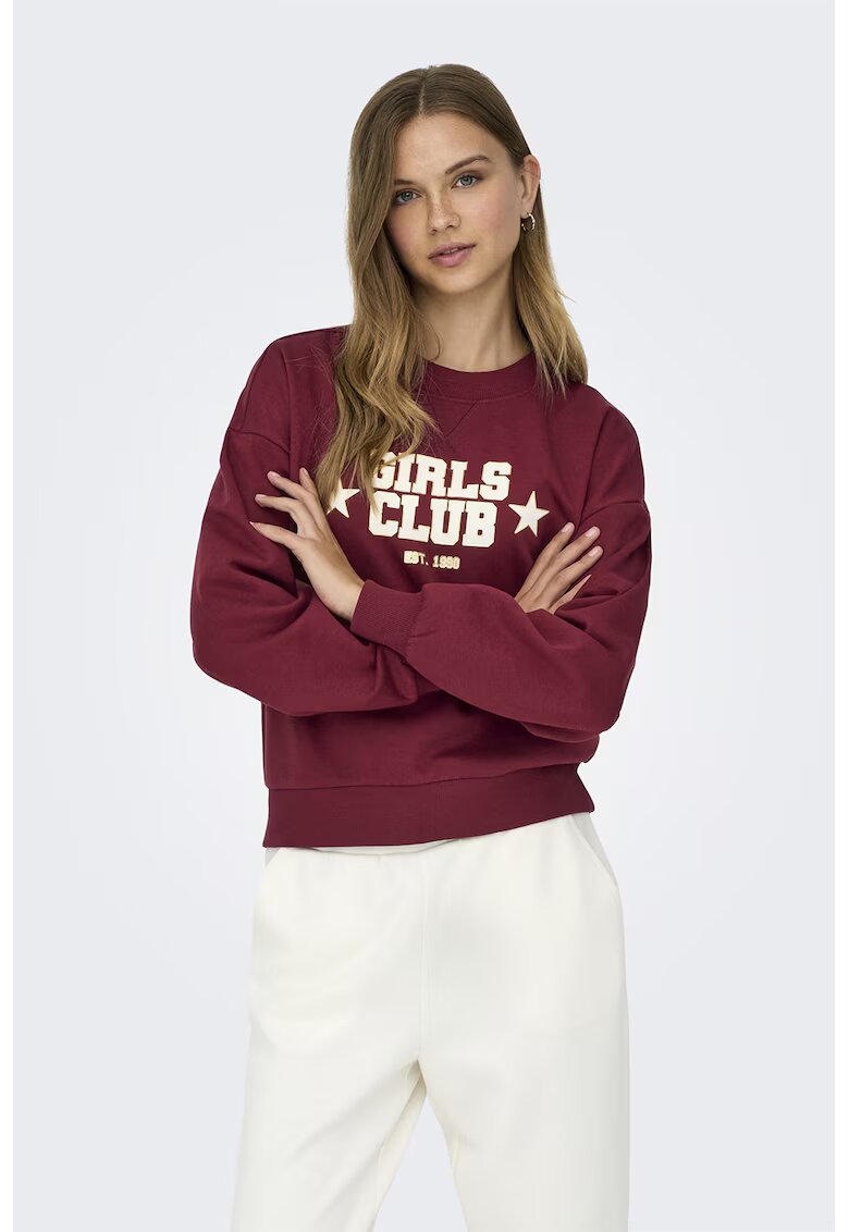 Only Bluza de trening cu decolteu la baza gatului si imprimeu text - Alb fildes/Rosu inchis
