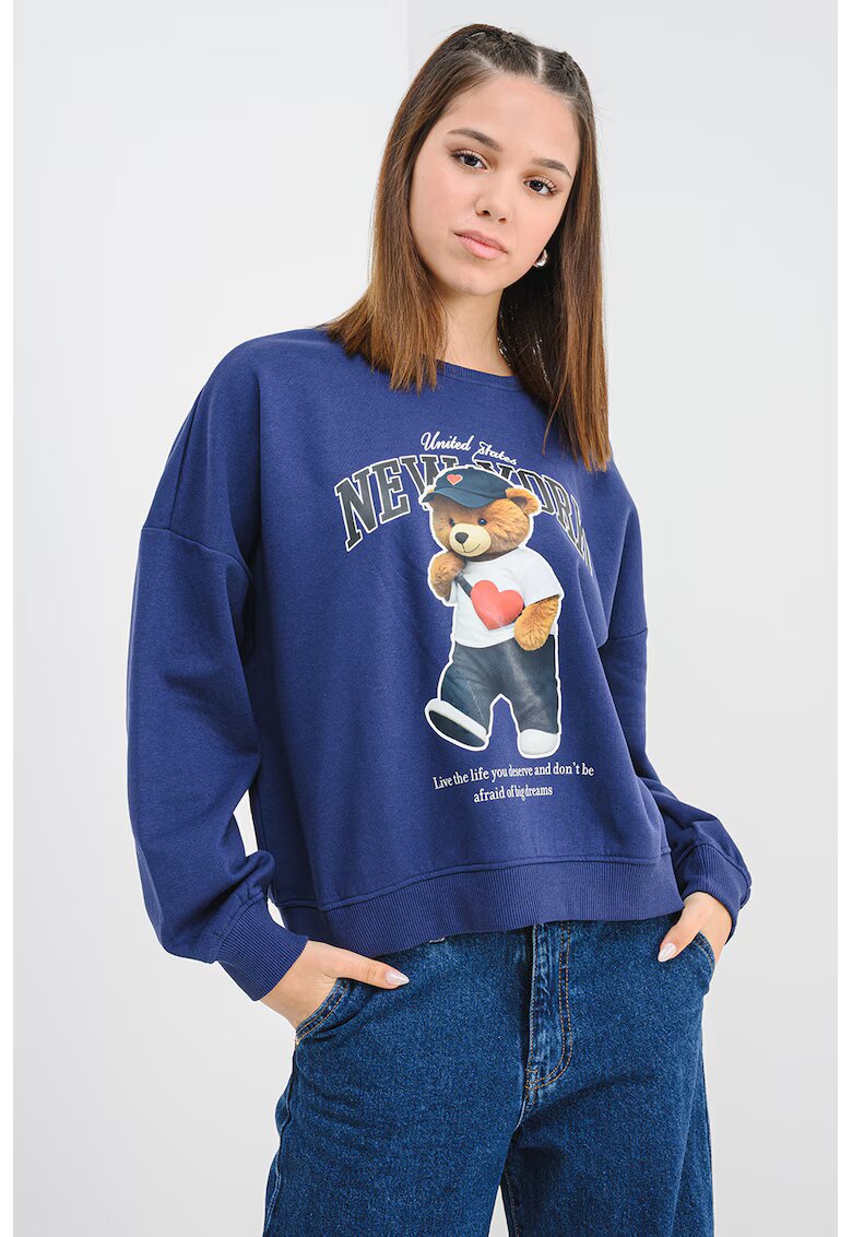 Only Bluza de trening din amestec de bumbac cu imprimeu cu ursulet - Alb/Negru/Bleumarin