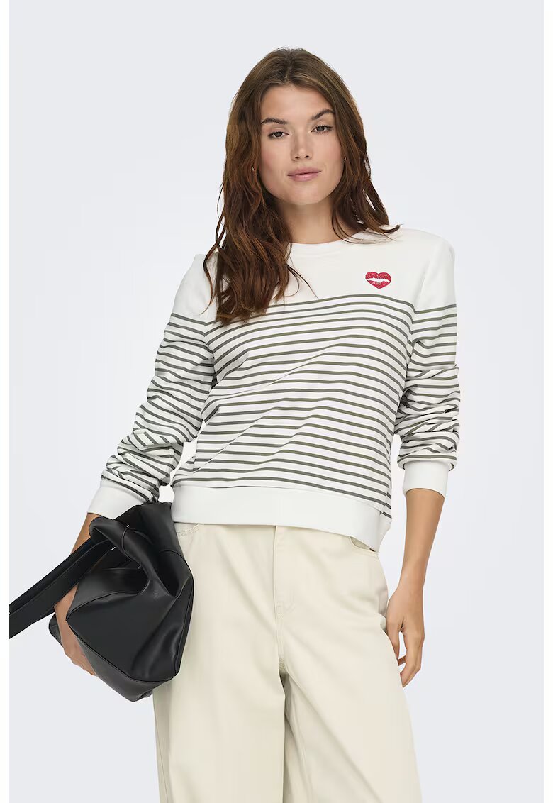 Only Bluza de trening din amestec de bumbac organic cu model in dungi si decolteu la baza gatului - Alb/Verde sparanghel