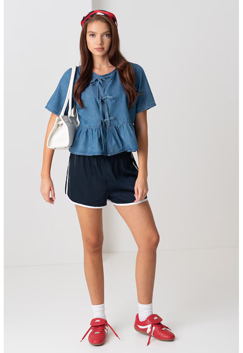 Only Bluza din denim cu maneci scurte si terminatie cu volan - Albastru melange
