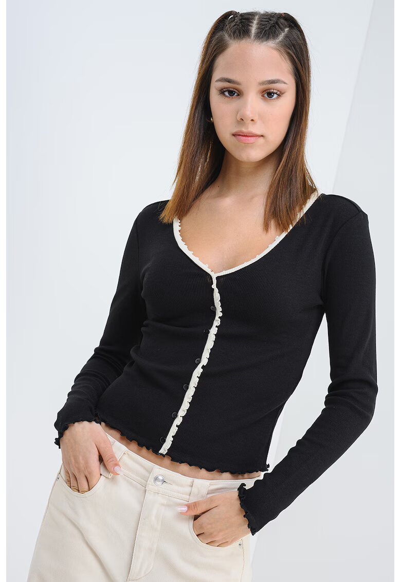 Only Bluza slim fit cu decolteu in V - Alb fildes/Negru stins